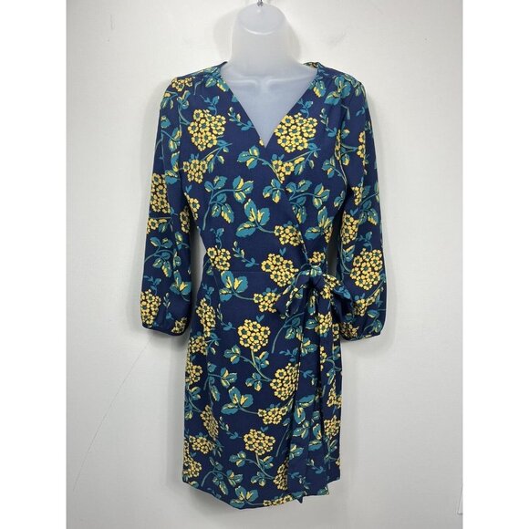 J Crew Dress Womens Size 2 Blue Yellow Floral Wrap Long Sleeve